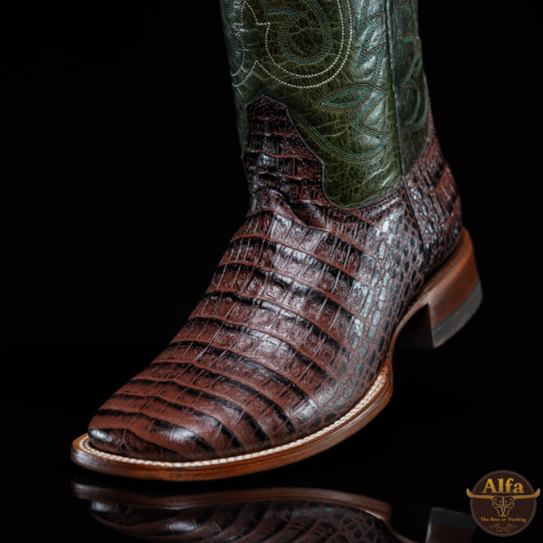 Men’s Handmade Alfa Chocolate Brown Caiman Belly – Square Toe (A5)