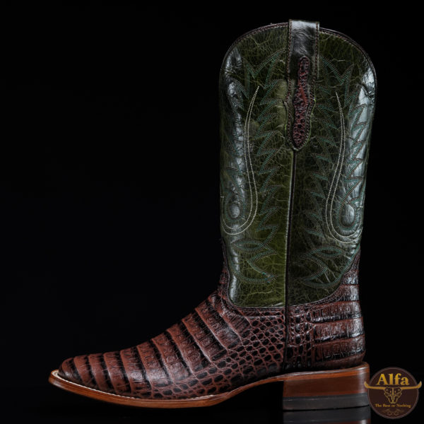 Men’s Handmade Alfa Chocolate Brown Caiman Belly – Square Toe (A5)