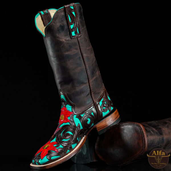 Turquoise Floral Hand Tooled - Square Toe (Made In USA)