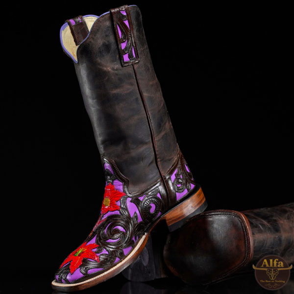 Purple Floral Hand Tooled - Square Toe (Made In USA)