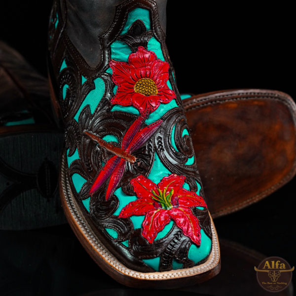 Turquoise Floral Hand Tooled - Square Toe (Made In USA)