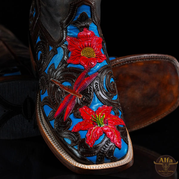 Genuine Blue Floral Hand Tooled - Square Toe (Made In USA)