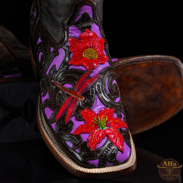 Purple Floral Hand Tooled - Square Toe (Made In USA)