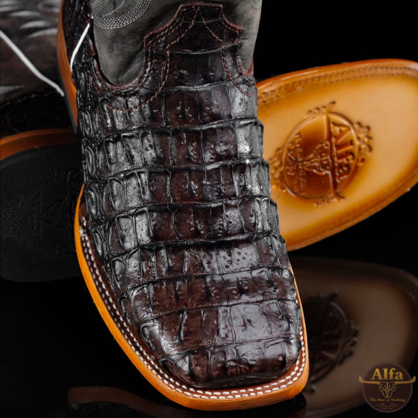 Men’s Handmade Alfa Chocolate Brown Caiman Horn Back – Square Toe (A2)