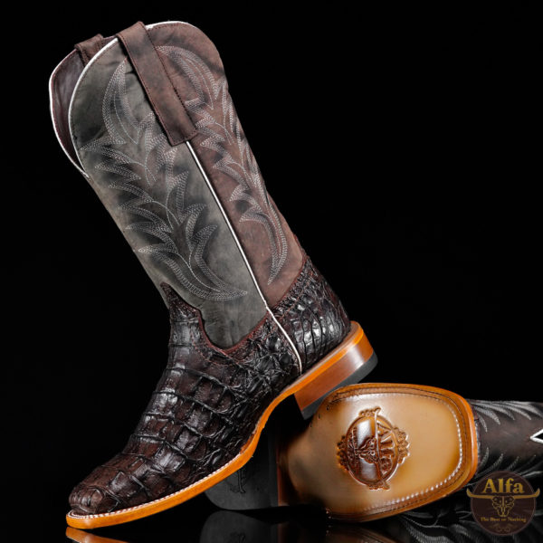 Men’s Handmade Alfa Chocolate Brown Caiman Horn Back – Square Toe (A2)