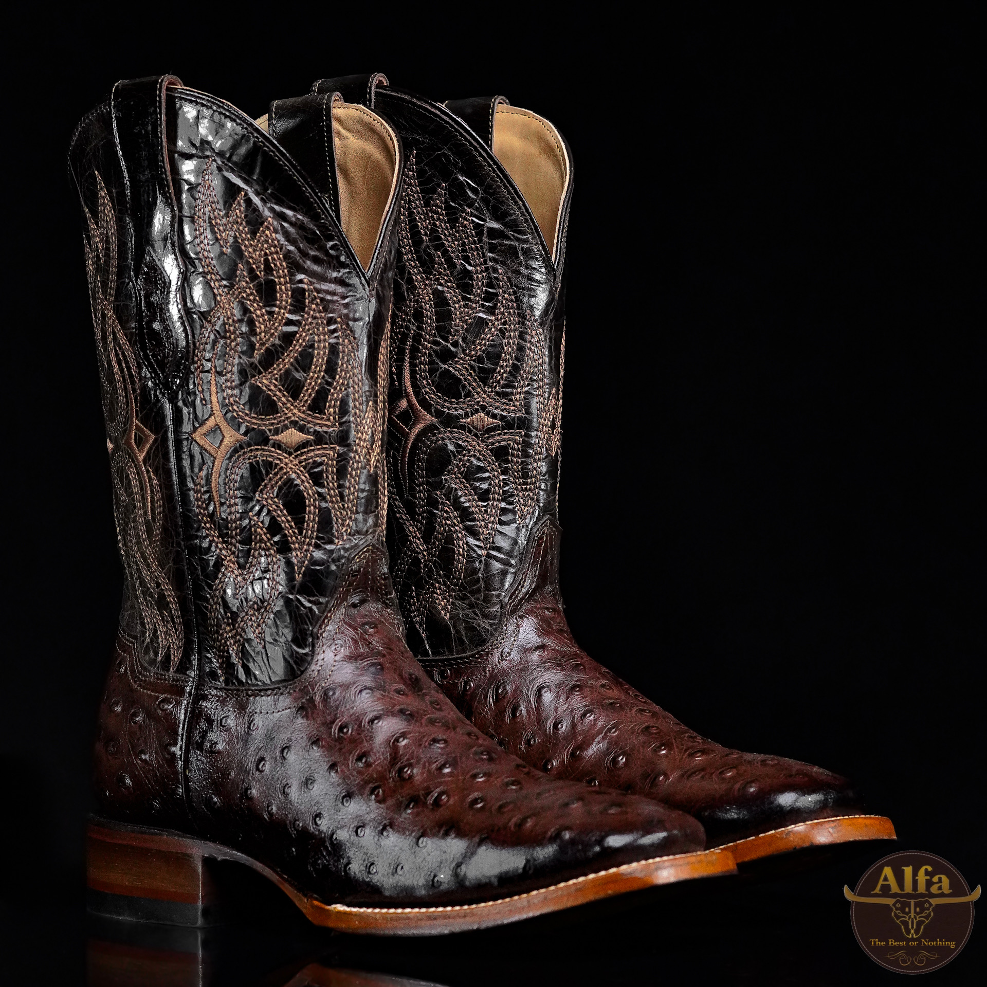 Men’s Handmade Alfa Chocolate Brown Ostrich – Square Toe – Alfa Western ...