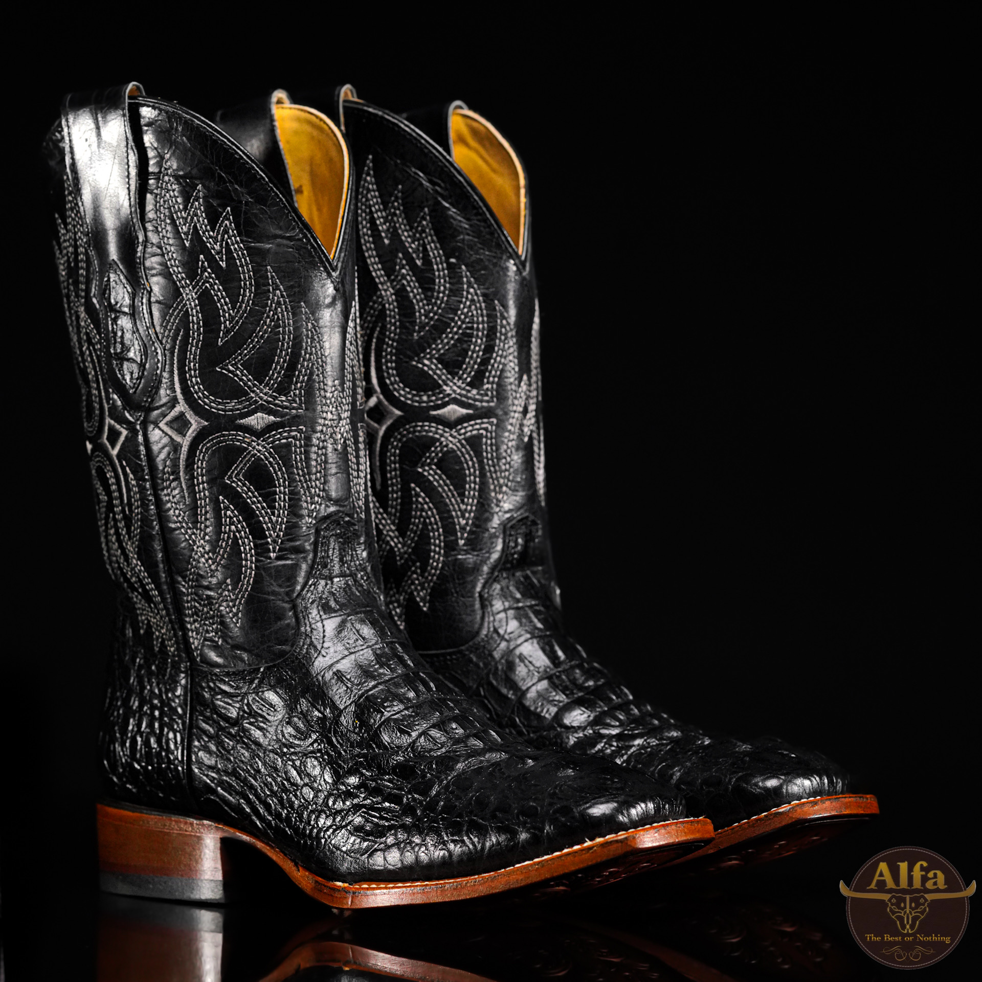 Men’s Handmade Alfa Black Caiman Neck – Square Toe – Alfa Western Wear