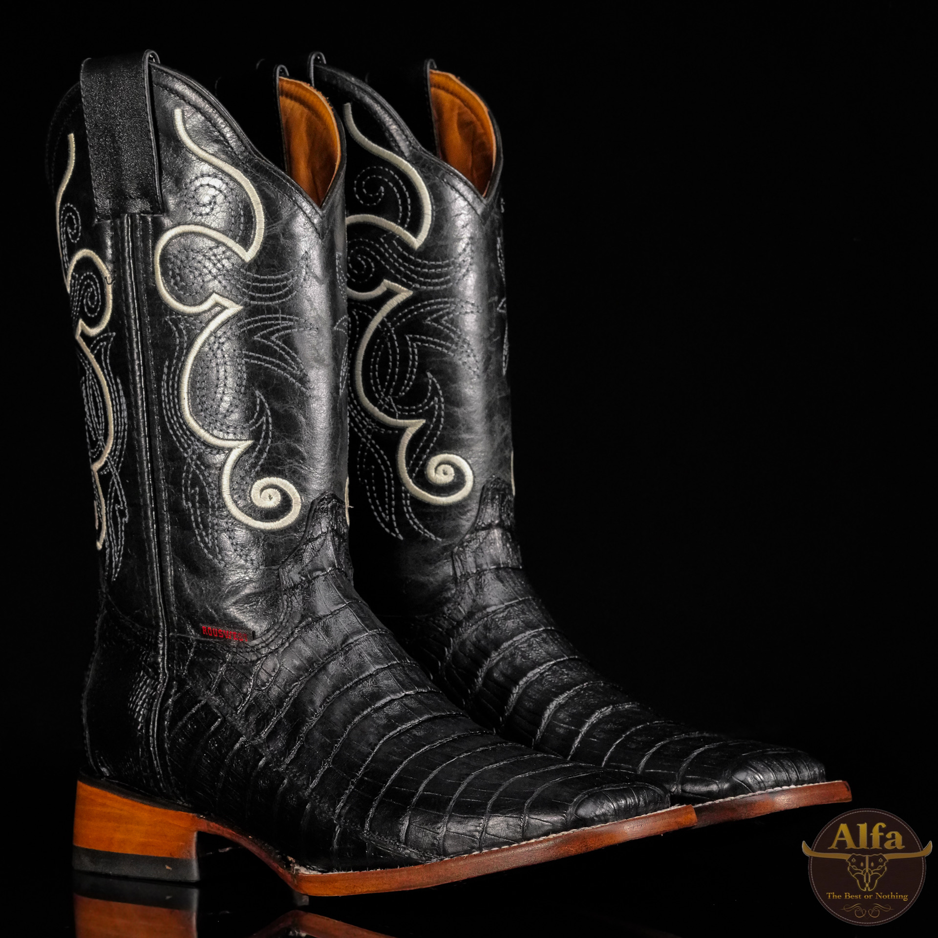 Men’s Handmade Genuine Black Caiman Belly – Square Toe – Alfa Western Wear