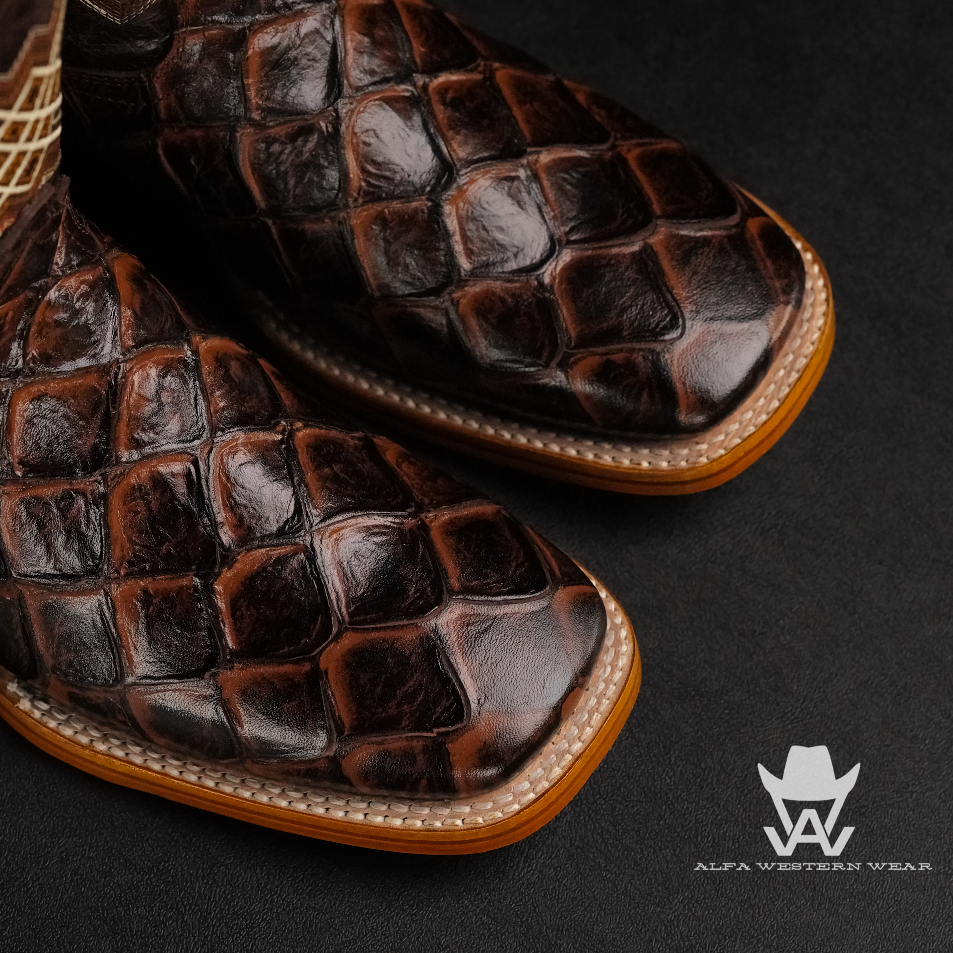 Men’s Handmade Chocolate Brown Fish Scale – Square Toe – Alfa Western Wear