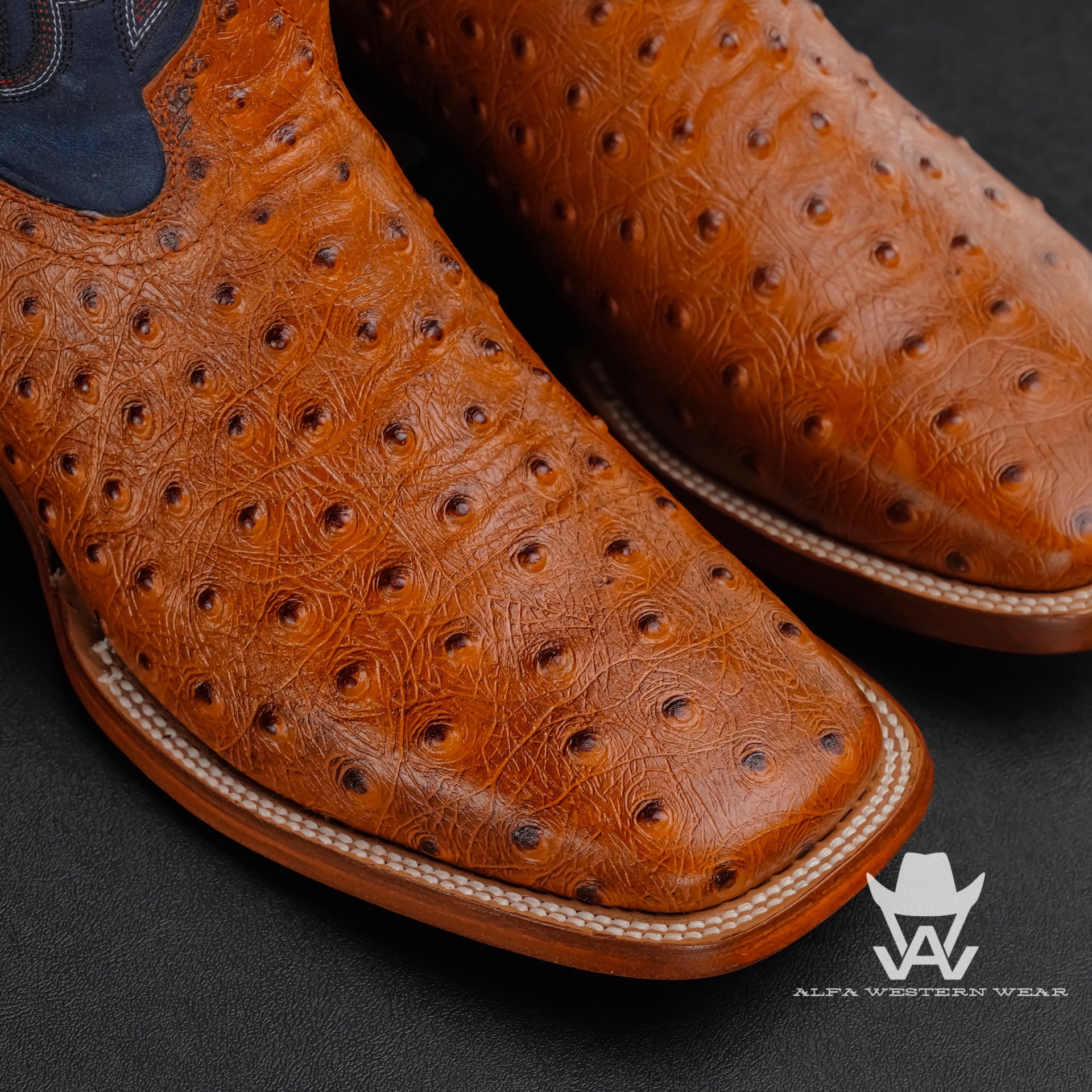Men's Handmade Cognac Ostrich – Square Toe – Alfa Western Wear