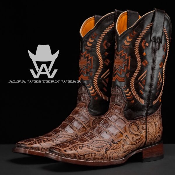 Men’s Handmade Brown Caiman w/ Hand Tooled – Square Toe