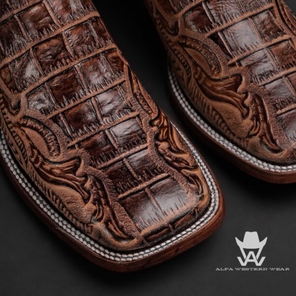 Men’s Handmade Brown Caiman w/ Hand Tooled – Square Toe