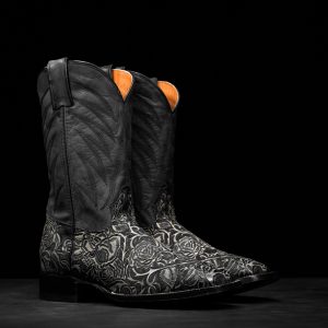 Washed Black "Skull & Roses" Hand Tooled – Square Toe