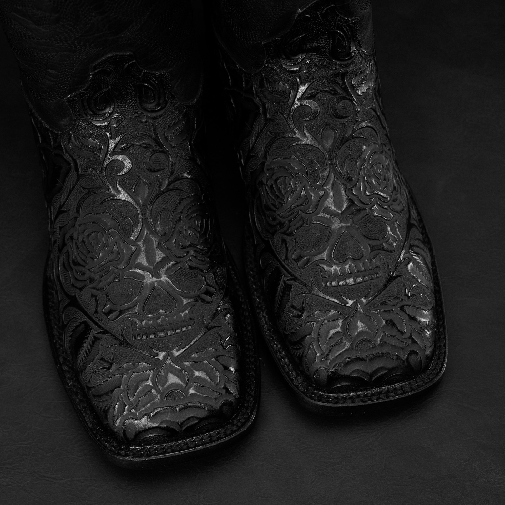 Black "Skull & Roses" Hand Tooled – Square Toe - Image 3