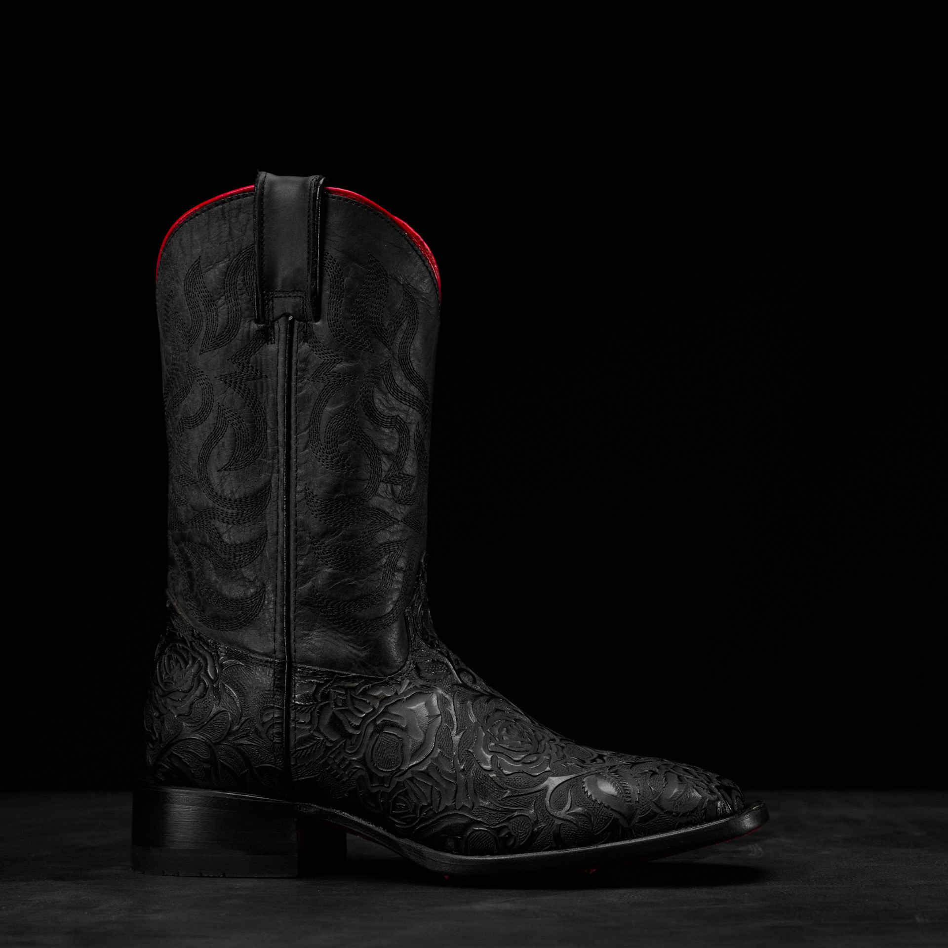 Black "Skull & Roses" Hand Tooled – Square Toe - Image 2