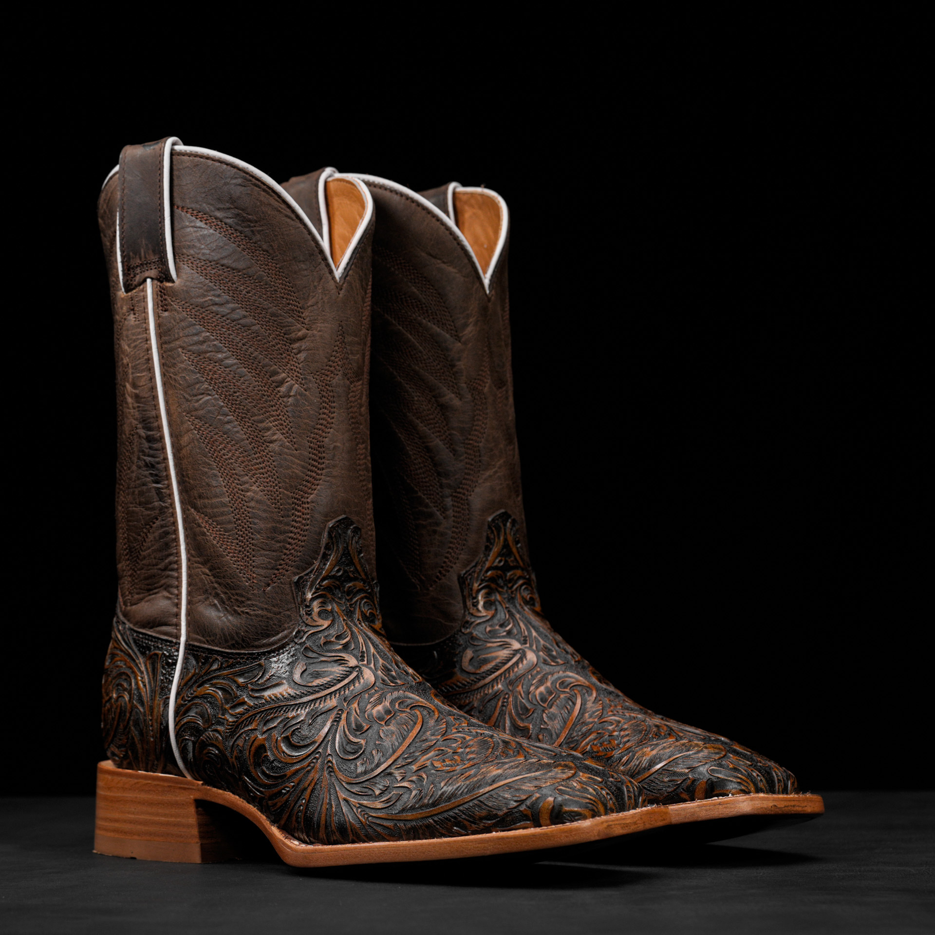 "Feathers" Tan Safari Hand Tooled – Square Toe