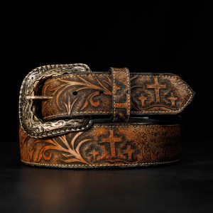 “FOR GOD SO LOVED” Tan Safari Hand Tooled Belt