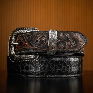 Black Caiman With Brown Hand Tooled Belt