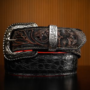 Black Caiman With Brown Hand Tooled Belt