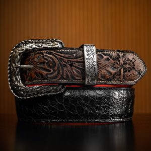 Black Caiman With Brown Hand Tooled Belt