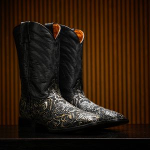 Bone Washed "Skull & Roses" Hand Tooled – Square Toe