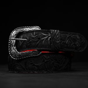 “Skull & Roses” Black Hand Tooled Belt