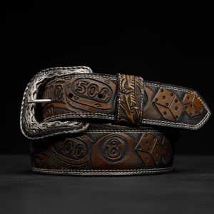 “The Gambler 2.0” Tan Safari Hand Tooled Belt