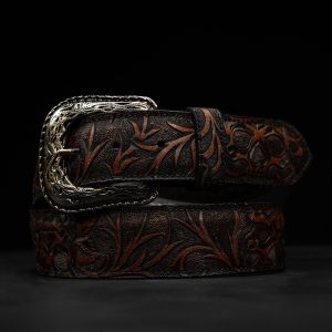 “Skull & Roses” Brown Washed Hand Tooled Belt