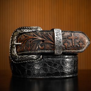 Black Caiman With Brown Hand Tooled Belt