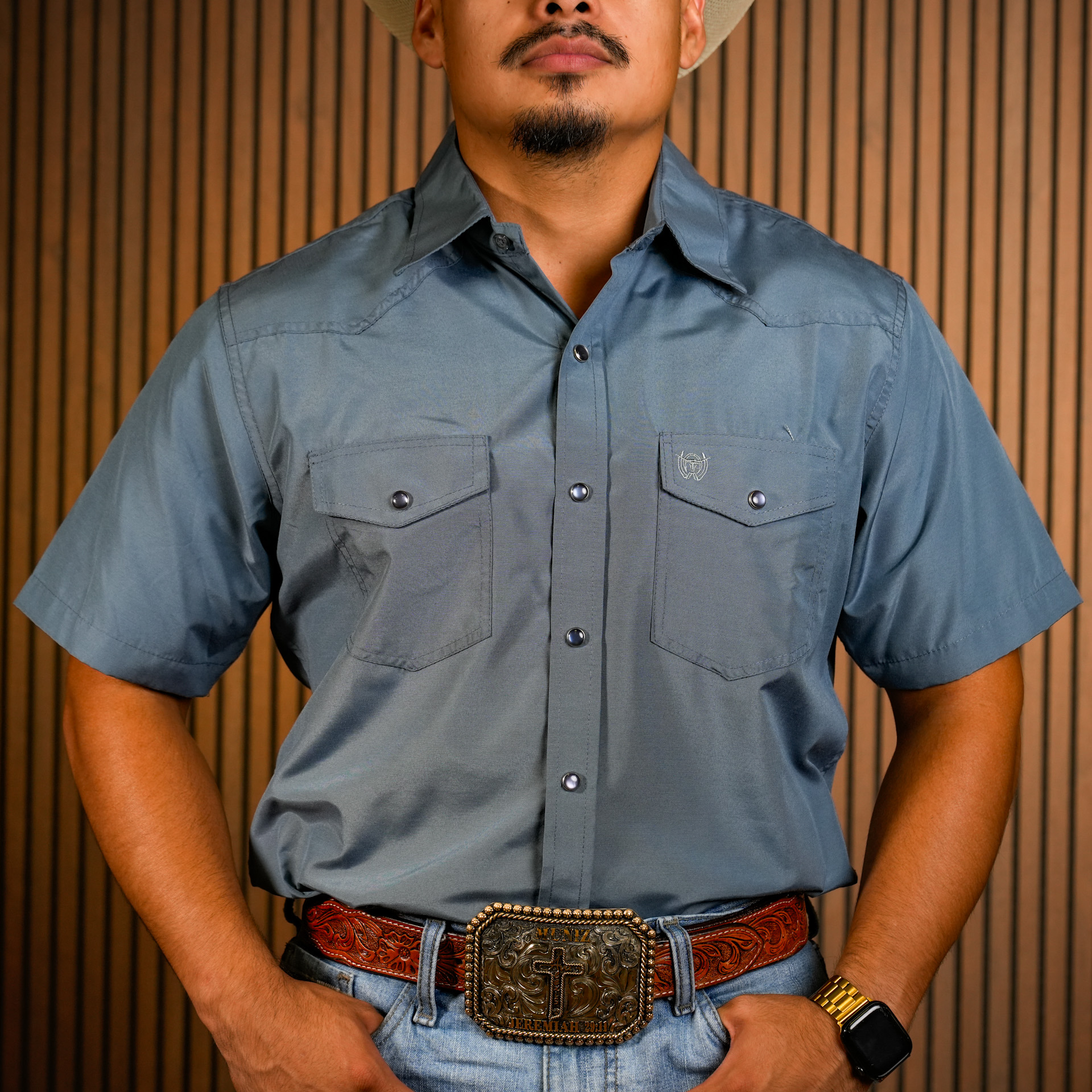 The Stockman Western Slate Short Sleeve Pearl Snap Button Up Shirt - Image 4