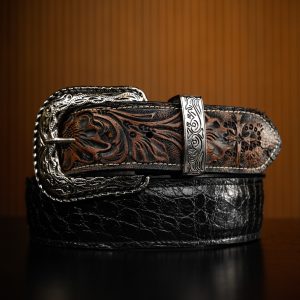 Black Caiman With Brown Hand Tooled Belt