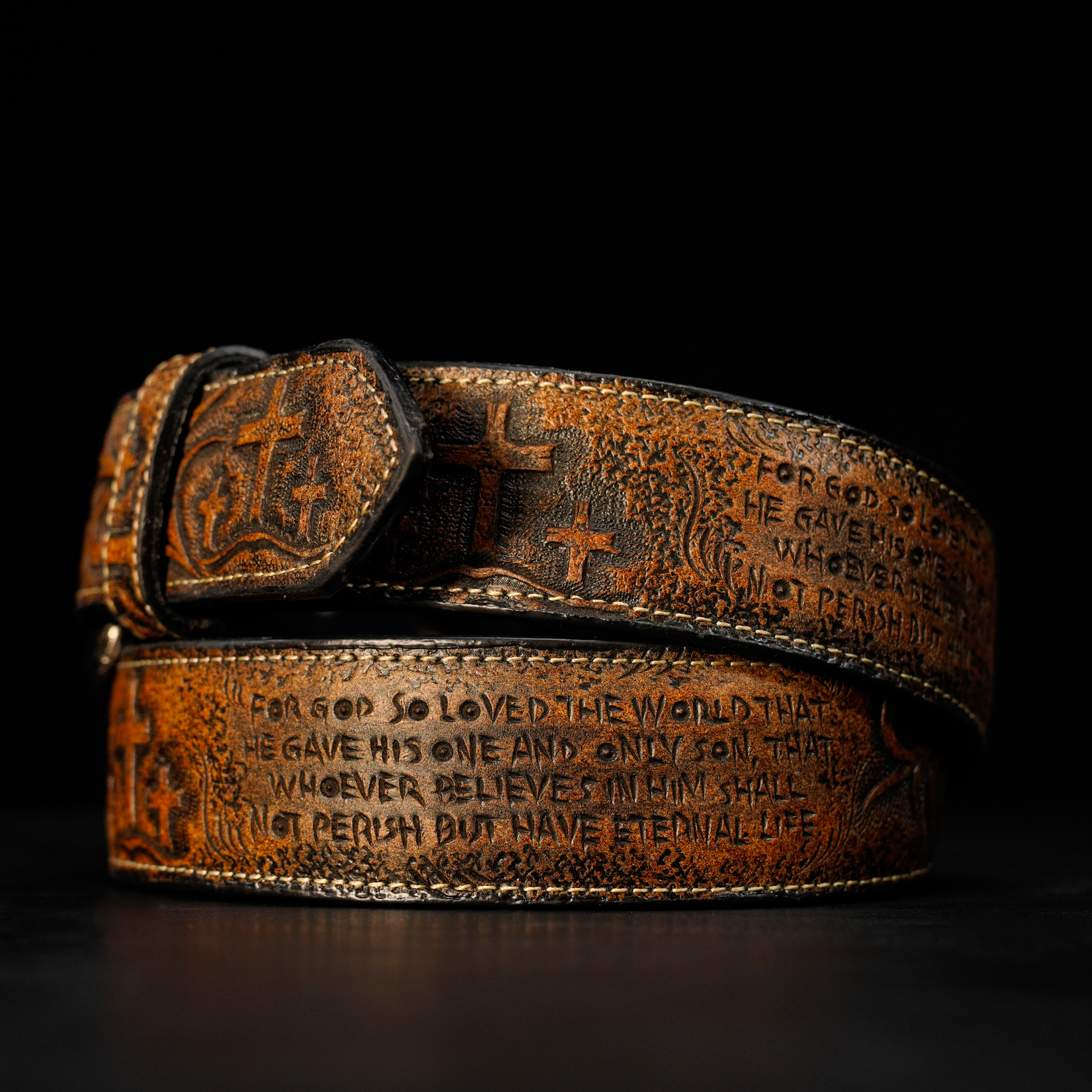 “FOR GOD SO LOVED” Tan Safari Hand Tooled Belt - Image 2