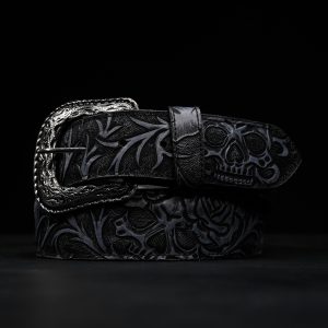 “Skull & Roses” Black Washed Hand Tooled Belt