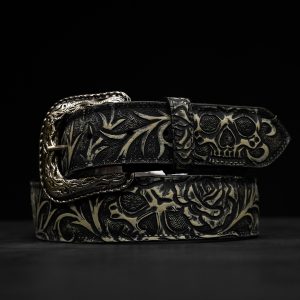 “Skull & Roses” Black Washed Hand Tooled Belt