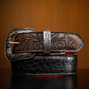 Black Caiman With Brown Hand Tooled Belt