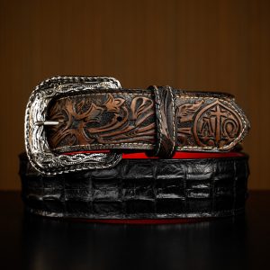 Black Caiman With Brown Hand Tooled Belt