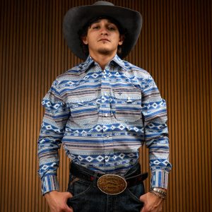 Blue Printed Long Sleeve Pearl Snap Button Up Shirt