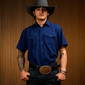 Navy Solid Short Sleeve Pearl Snap Button Up Shirt