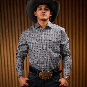 Gray Printed Long Sleeve Pearl Snap Button Up Shirt