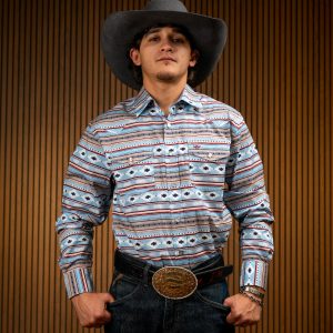 Blue Printed Long Sleeve Pearl Snap Button Up Shirt