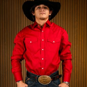 Red Solid Long Sleeve Pearl Snap Button Up Shirt