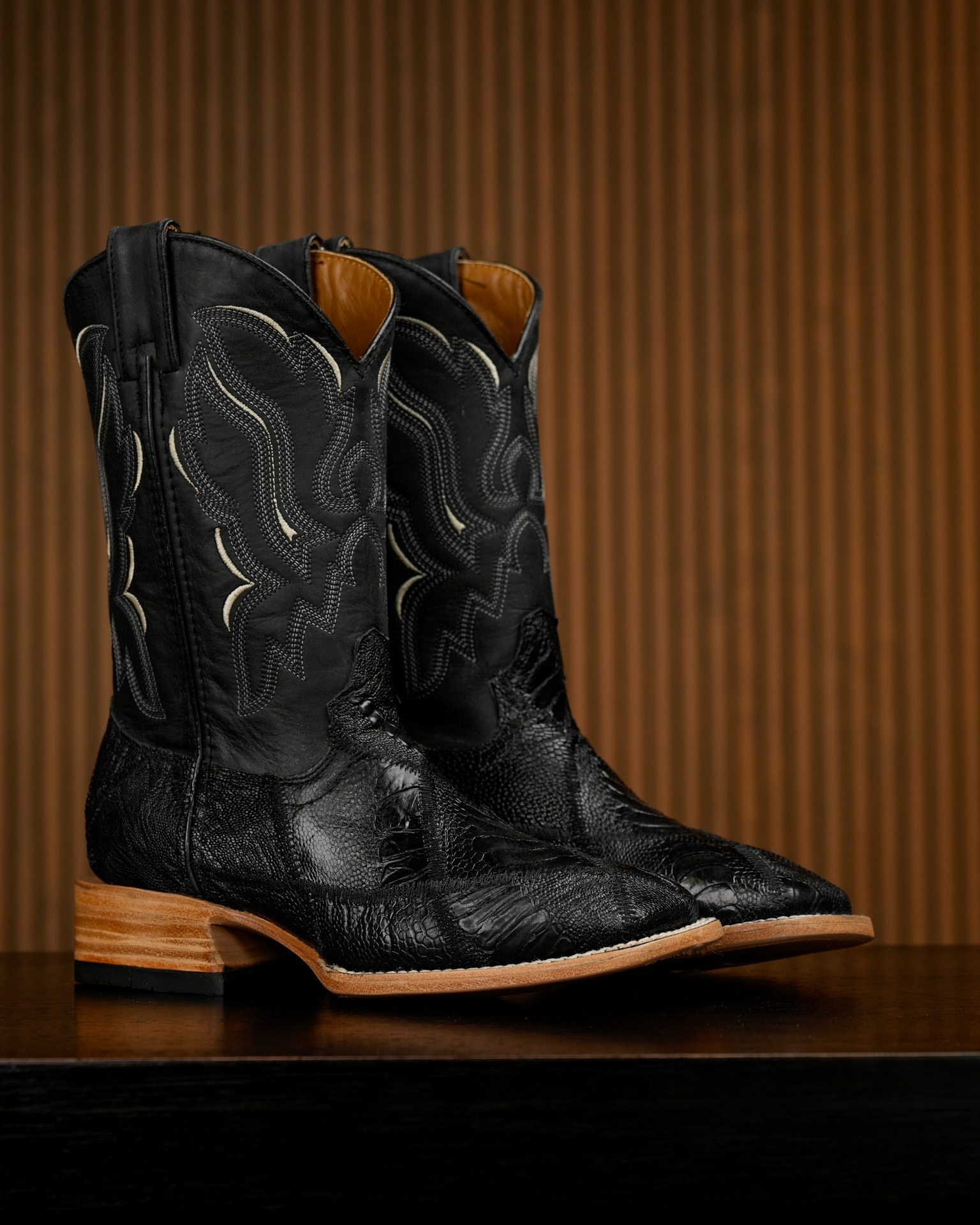 AUTHENTIC Black Patch Work Ostrich Leg – Square Toe