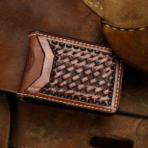 Genuine Leather Basketweave Money Clip Wallet – Brown