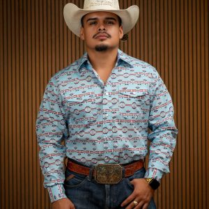 Blue Printed Long Sleeve Pearl Snap Button Up Shirt