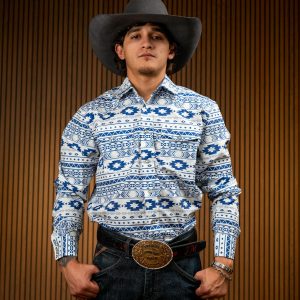 White Printed Long Sleeve Pearl Snap Button Up Shirt