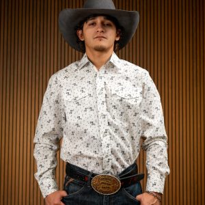 White Printed Long Sleeve Pearl Snap Button Up Shirt